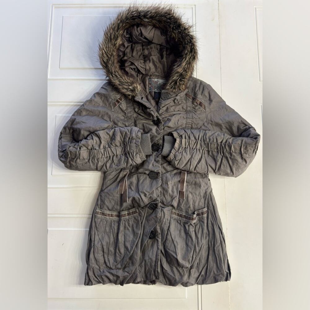 BKE Women’s Sz Small Brown Long Winter Jacket Ruched Velour Details Faux Fur